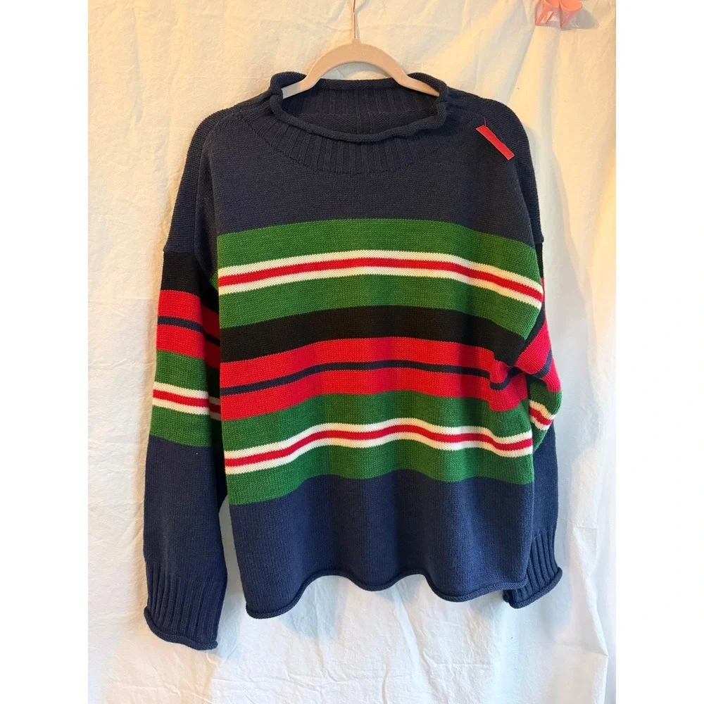 Vintage Style Chunky Knit Striped Sweater Navy Green Red Mock Neck Oversized L‎
